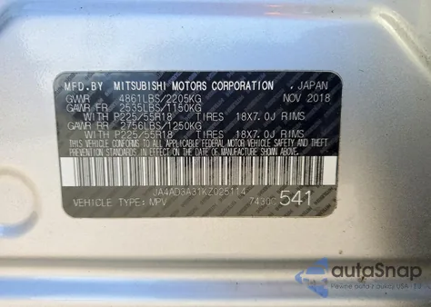 2019 Mitsubishi Outlander Se из США, поврежденный, VIN JA4AD3A31KZ025114